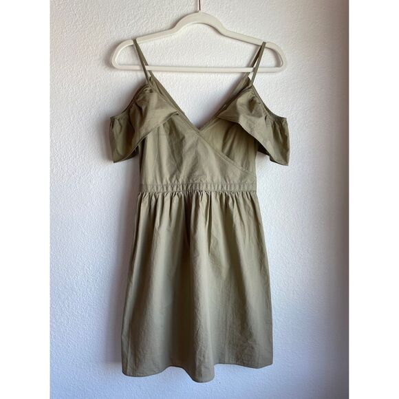 Madewell Khaki Tan Cold-Shoulder V-Neck V-Back Ruffle Wrap Style Dress Size 00 - Picture 5 of 12